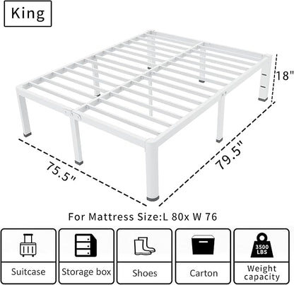 ROIL 18 Inch White King Size Bed Frame with Rounded Corner and Headboard Hole Mattress Retainers 3500LBS Heavy Duty Steel Slats No Box Spring Needed Platform Noise-Free Easy Assembly