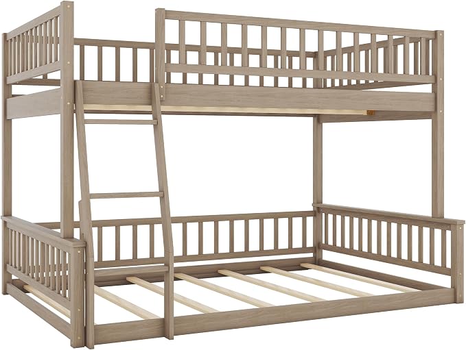 Full XL Over Queen Bunk Bed with Safety Guardrails, Solid Wood Floor Bunk Bed Frame with Sturdy Slat Support for Kids Teens Adults, Detachable Design (Walnut-tra)