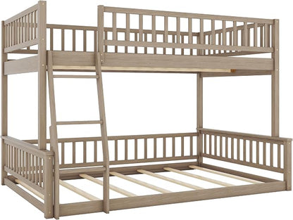 Full XL Over Queen Bunk Bed with Safety Guardrails, Solid Wood Floor Bunk Bed Frame with Sturdy Slat Support for Kids Teens Adults, Detachable Design (Walnut-tra)