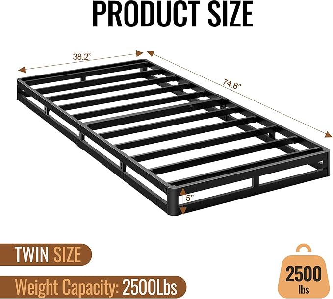 Twin Size 5 Inch Box Spring - Heavy Duty Metal Mattress Foundation (2500lbs Capacity), Noise-Free, Easy Assembly