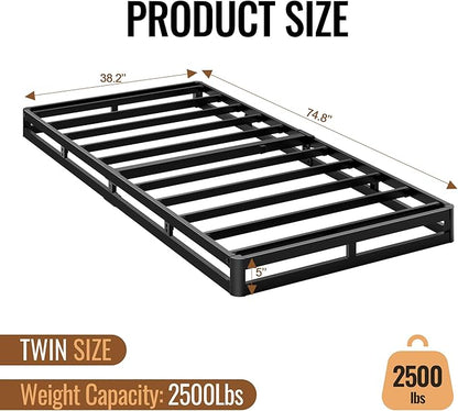 Twin Size 5 Inch Box Spring - Heavy Duty Metal Mattress Foundation (2500lbs Capacity), Noise-Free, Easy Assembly