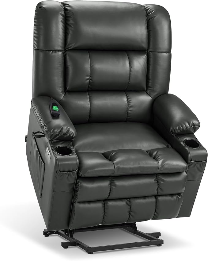 MCombo Dual Motor Power Lift Recliner Chair for Elderly, Lay Flat Lift Chair with Heat and Massage, Oversized Lift Recliner for Big and Tall, Faux Leather R7891 (Grey, Large-Wide)