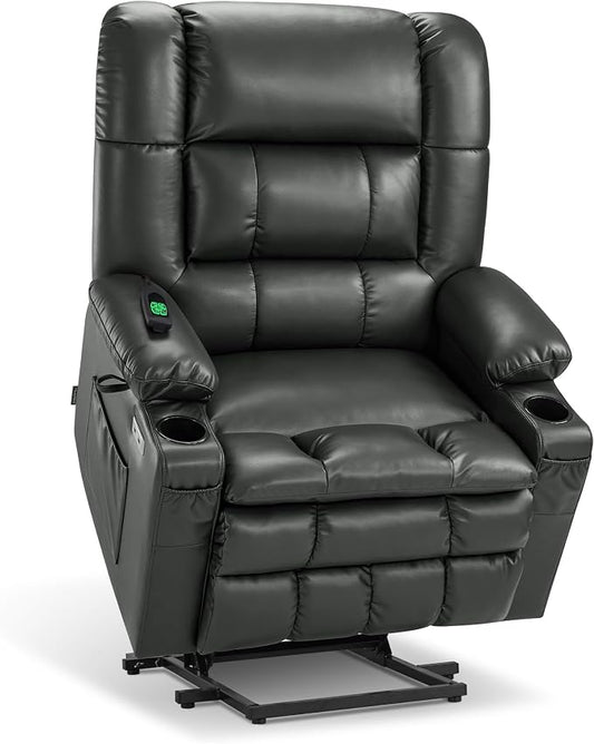 MCombo Dual Motor Power Lift Recliner Chair for Elderly, Lay Flat Lift Chair with Heat and Massage, Oversized Lift Recliner for Big and Tall, Faux Leather R7891 (Grey, Large-Wide)