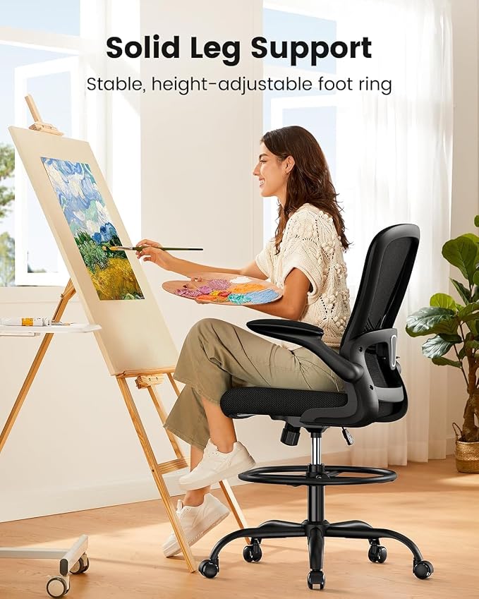 ErGear Drafting Chair, Standing Desk Chair with Flip-Up Armrests, High Desk Chair Adjustable Height, Ergonomic Tall Office Chair with Lumbar Support and Adjustable Footrest Ring,6 Pack