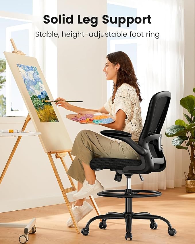 ErGear Drafting Chair, Standing Desk Chair with Flip-Up Armrests, High Desk Chair Adjustable Height, Ergonomic Tall Office Chair with Lumbar Support and Adjustable Footrest Ring,10 Pack