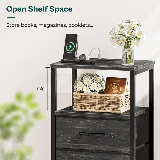 Huuger Nightstand with Charging Station, Fabric Drawers, End Table with Open Shelf, Bedside Table with USB Ports and Outlets, Night Stand for Bedroom, Charcoal Black Wood Grain Print