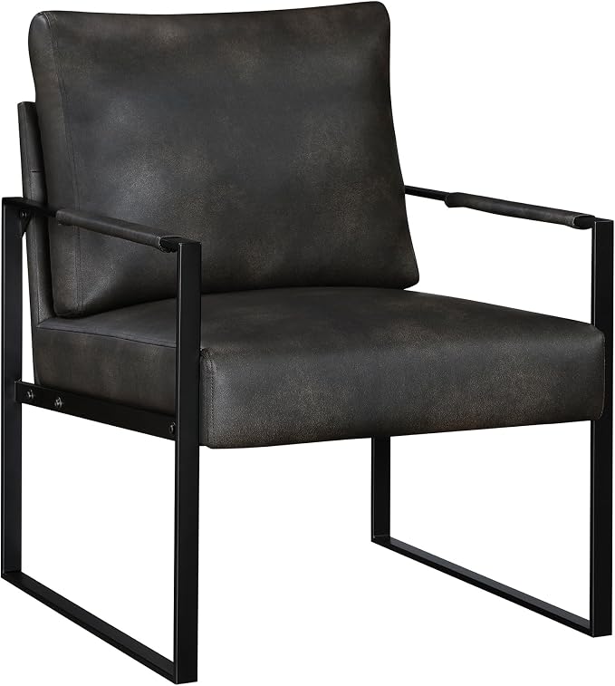 Lexicon Modern Accent Chair, Faux Leather Upholstered Living Room Chair With Wrapped Armrests,Arm Chair With Black Metal Frame,Comfy Single Chair For Living Room/Bedroom/Reading Room/Office,Dark Brown
