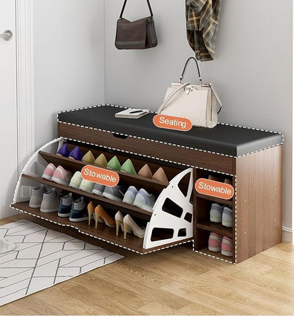 Shoes Storage Cabinet Shoe Stool Tipping Bucket-Shaped, Freestanding Rack Organizer Shoe Replacement Stool with Leather Cushion, Entryways Hallways Closets Bedroom (60d 1)