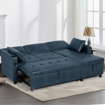 84" L-Shape Pull Out Sofa Bed with Adjustable Backrest, Upholstered Sectional Sleeper Sofa with Storage Chaise, Suede Leather Reversible Couch Bed with USB Port for Living Room, House, Blue