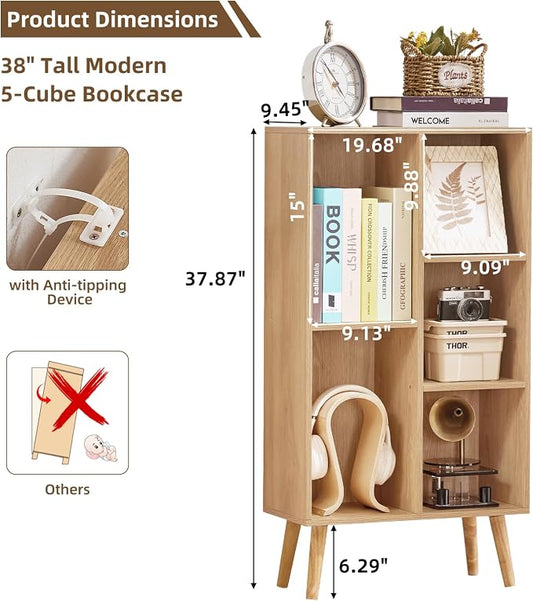 LEYAOYAO 5 Cube Bookshelf 3-Tier Bookcase with Legs,Mint Light Wood Kids Book Shelf Cute Storage Organizer,Free Standing Open Toy Shelves Wood Bookshelves,Display Bookcases for Bedroom,Living Room