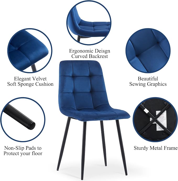 NORDICANA Navy Blue Velvet Dinner Chairs Set of 2, Modern Armless Biscuit Tufted Dining Side Chairs with Metal Legs for Kitchen Living Room Vanity
