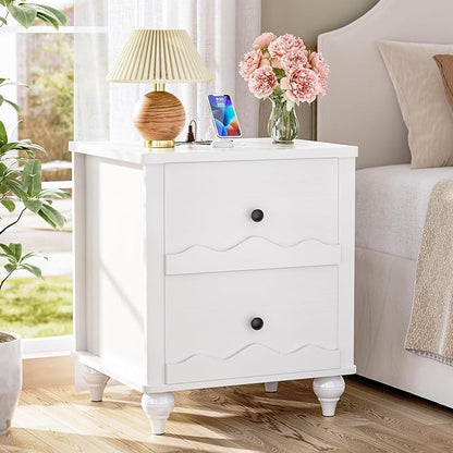 Cyclysio White Nightstand with Charging Station, Scalloped Bedside Table with 2 Smooth Drawers, Modern End Table with Solid Wood Legs for Bedroom and Small Spaces