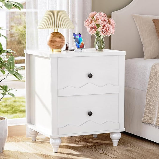 Cyclysio White Nightstand with Charging Station, Scalloped Bedside Table with 2 Smooth Drawers, Modern End Table with Solid Wood Legs for Bedroom and Small Spaces