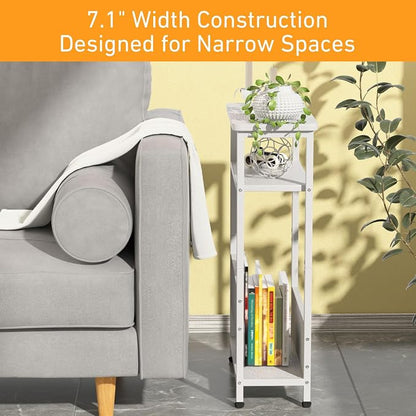 THUMEYE 7.1" Narrow Side Table for Small Spaces, 3 Tier Small End Table with Magazine Holder, Slim/Skinny Nightstand/Bedside Table for Living Room, Bedroom, 15.4" L x 24.2" H, White