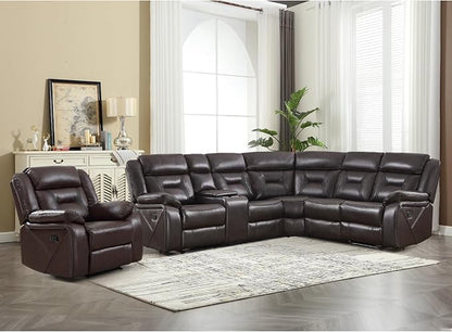 EBELLO Faux Leather Reclining Sectional Sofa Set for Living Room, 1 Recliner Chair and L-Shaped Reclining Couches Home Furniture Set with Center Console, Hidden Cup Holders and Storage, Dark Brown