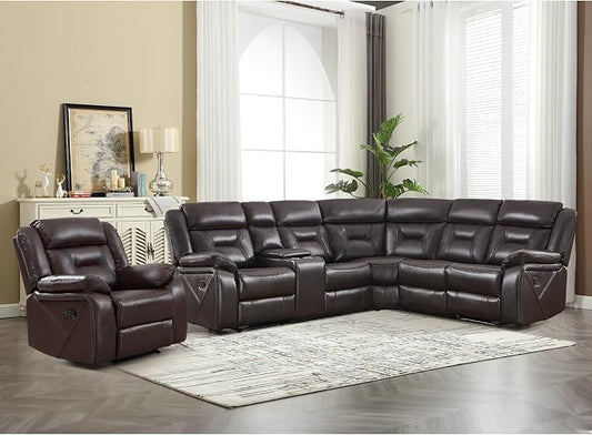 EBELLO Faux Leather Reclining Sectional Sofa Set for Living Room, 1 Recliner Chair and L-Shaped Reclining Couches Home Furniture Set with Center Console, Hidden Cup Holders and Storage, Dark Brown