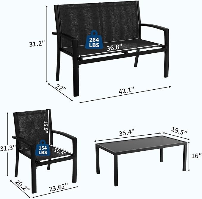 Garvee 4 Piece Patio Bistro Furniture Set, Outdoor Conversation Set with 3 Chairs, Loveseat & Glass Coffee Table, All-Weather Textilene Fabric & Steel Frame for Backyard, Poolside, Porch, Lawn - Black