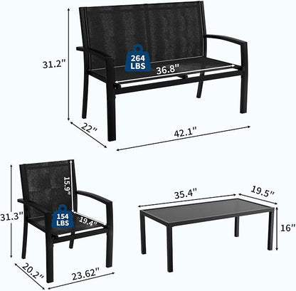 Garvee 4 Piece Patio Bistro Furniture Set, Outdoor Conversation Set with 3 Chairs, Loveseat & Glass Coffee Table, All-Weather Textilene Fabric & Steel Frame for Backyard, Poolside, Porch, Lawn - Black