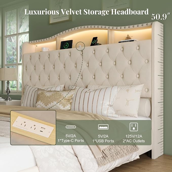Belffin King Size Bed Frame and Headboard, 50.9" Velvet Upholstered Wingback Bedframe with LED Lights & Storage/Charging Station, Button Tufted Tall Footboard, No Box Spring Needed, Noise-Free, Beige