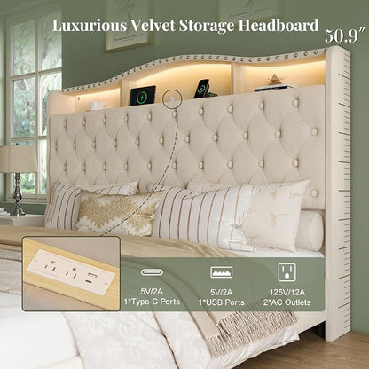 Belffin King Size Bed Frame and Headboard, 50.9" Velvet Upholstered Wingback Bedframe with LED Lights & Storage/Charging Station, Button Tufted Tall Footboard, No Box Spring Needed, Noise-Free, Beige
