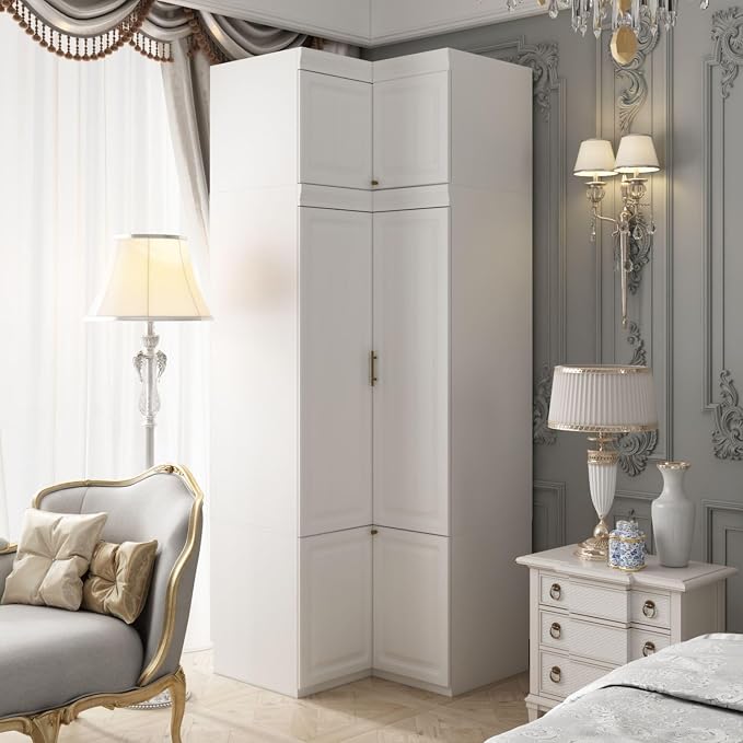 MOUMON L-Shaped 4 Door Wardrobe Closet with Shelves, Armoire Wardrobe Closet with Hanging Rod, Top Cube Storage, White and Gold 35.4”W x 35.4”D x 94.7”H