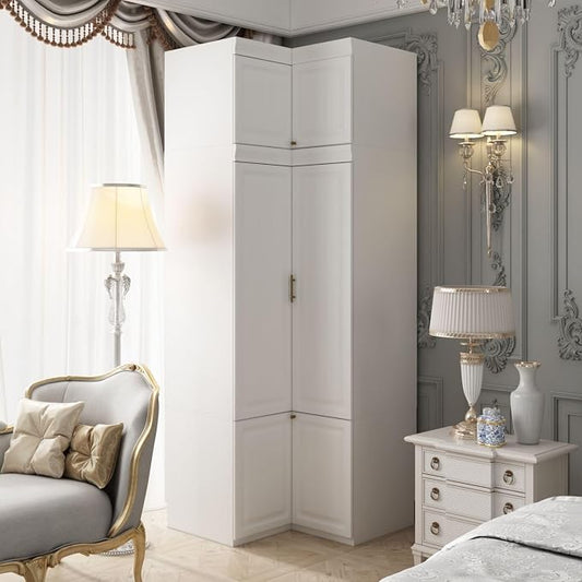MOUMON L-Shaped 4 Door Wardrobe Closet with Shelves, Armoire Wardrobe Closet with Hanging Rod, Top Cube Storage, White and Gold 35.4”W x 35.4”D x 94.7”H