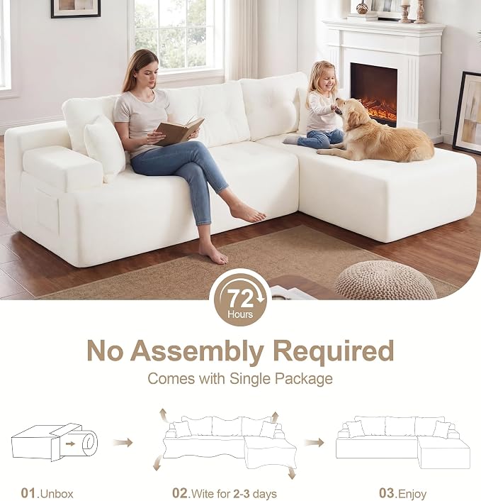 Hobestluk Modular Sectional Sofa Couches L-Shape Couch 3 Seat Modular Sofa Memory Foam Sectional Couches for Living Room, Cloud Couch with Oversized Chaise (White Tufted, 108", Right Hand Facing)