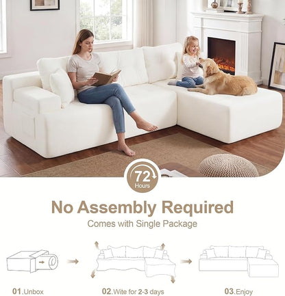 Hobestluk Modular Sectional Sofa Couches L-Shape Couch 3 Seat Modular Sofa Memory Foam Sectional Couches for Living Room, Cloud Couch with Oversized Chaise (White Tufted, 108", Right Hand Facing)
