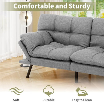 Vipbear 71" Futon Sofa Bed - Convertible Sofa Beds/Adjustable Backrest & Armrest,Detachable Cushion, Loveseat Sleeper for Small Spaces, Apartments & Offices, Silver Grey Futons