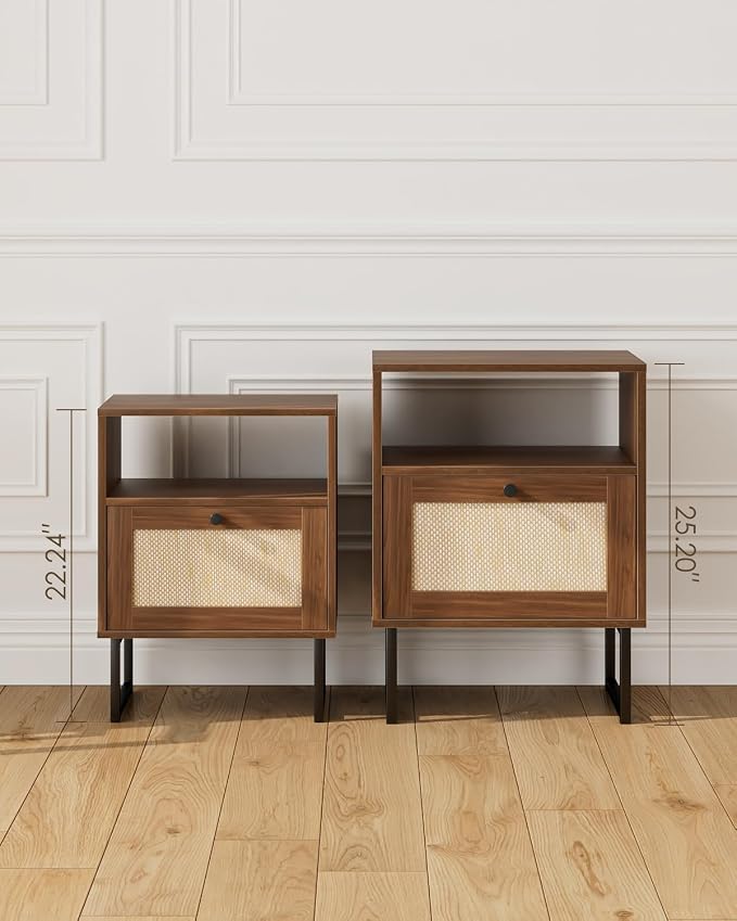 Masupu Extra Large Rattan Nightstand,Modern Boho Farmhouse Wood Bedside Table with Storage Drawer and Open Shelf, Black Frame Side End Table for Bedroom,Living Room,Office (Walnut)