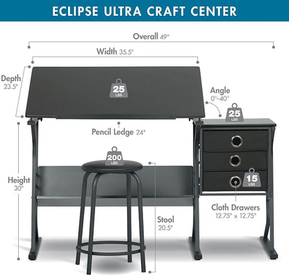 2 Piece Eclipse Ultra Center/Drawing Table with Stool, Angle Adjustable Top, Storage Shelves, and Drawers