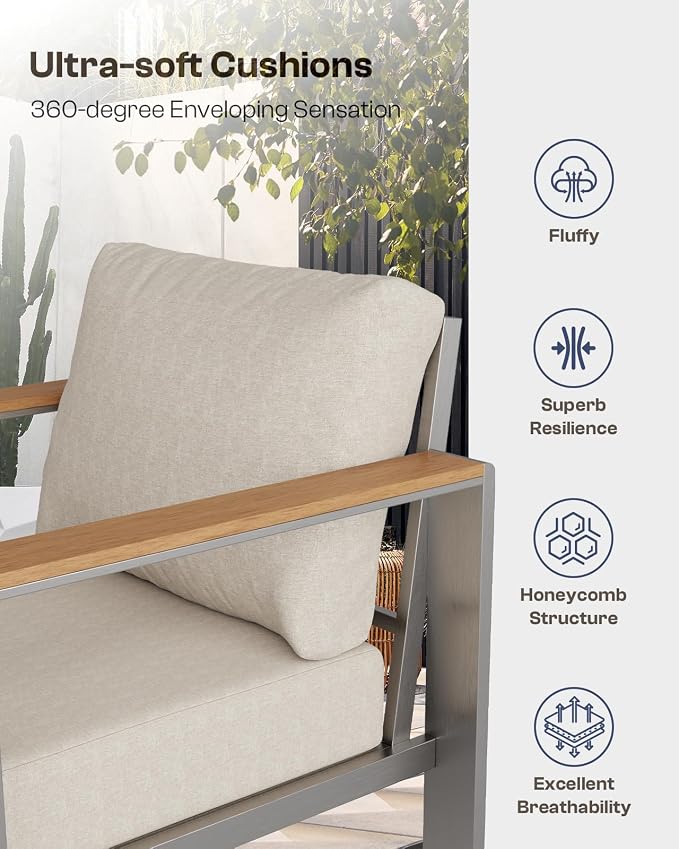 Aluminum Outdoor Patio Furniture Set with Coffee Table, 4 Piece Patio Conversation Sets with Washable Thick Cushions, Outdoor Sectional Furniture Set for Porch, Balcony, Deck, Silver