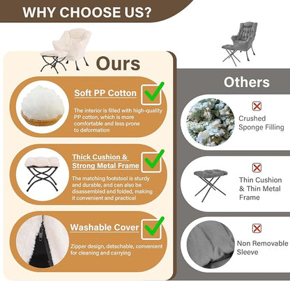 Lazy Chair with Ottoman, Modern Accent Chair Sofa Chair with Armrests, Reading Chair and Folding Footstool for Living Room, Bedroom, Office, Plush Beige