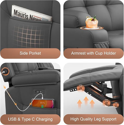 Reclining Couch, 113" PU Leather Sofa Recliner with Massage - 4 Seat Home Theater Seating Comfy Soft, Manual Wall Hugger Reclining with Lumbar Support Sofa Set for Family Living Room, Dark Gray