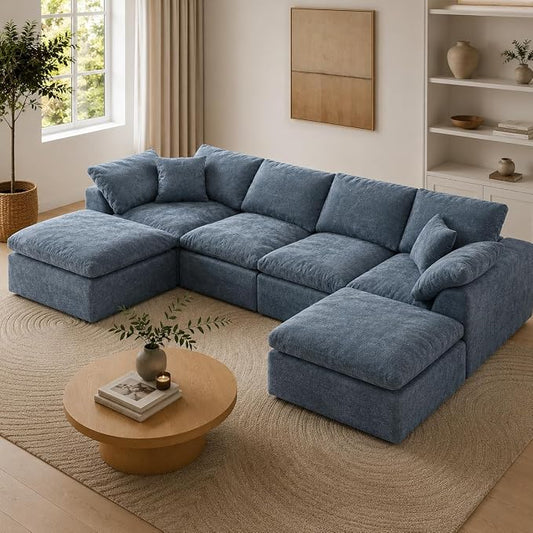 138" Boneless Cloud Couch Sectional for Living Room, Oversized Modular U Shaped Sofa with Double Chaise, Deep Seat Chenille Sectional Couch for Cloud-Like Comfort(Blue)
