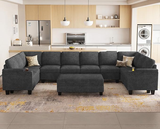 Belffin Oversized U Shaped Modular Sectional Couches for Living Room 10 Seater Modular Sofa Set with Storage Ottoman Large Sectional Couch with Cup Holder. Dark Grey Sofa