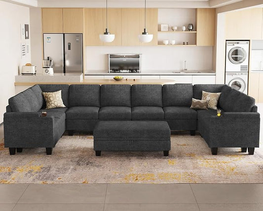 Belffin Oversized U Shaped Modular Sectional Couches for Living Room 10 Seater Modular Sofa Set with Storage Ottoman Large Sectional Couch with Cup Holder. Dark Grey Sofa
