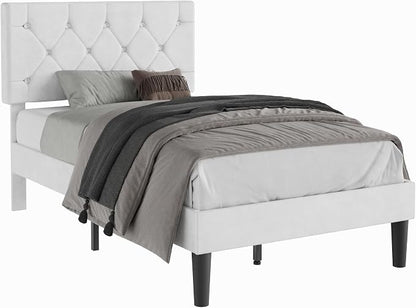 VECELO Twin Size Bed Frame with Diamond Tufted Headboard, Upholstered Platform Bedframe with Wood Slat Support, No Box Spring Needed, Velvet & White