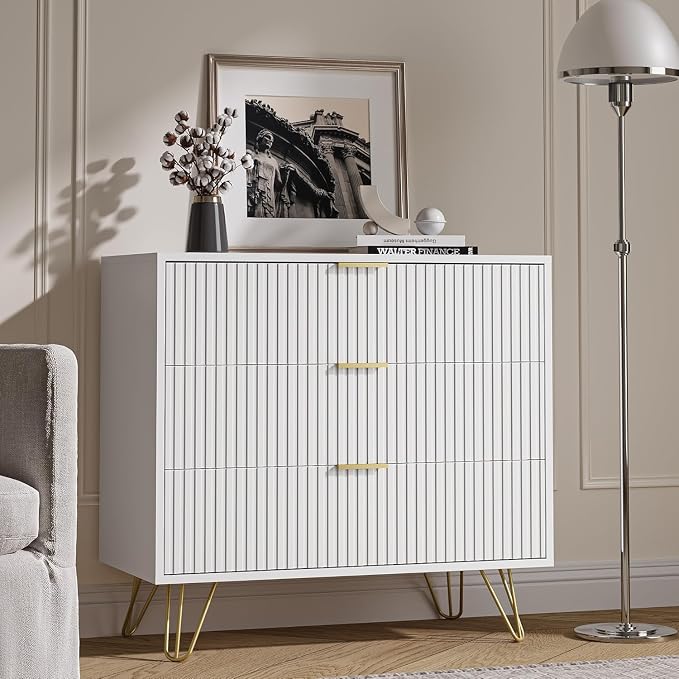 MAISONARIA 3-Piece Dresser Bedroom Set, 9 Drawer Dresser & 3 Drawer Dresser with Gold Handles, Fluted Wood Chest of Drawers for Bedroom, Living Room, Entryway, White