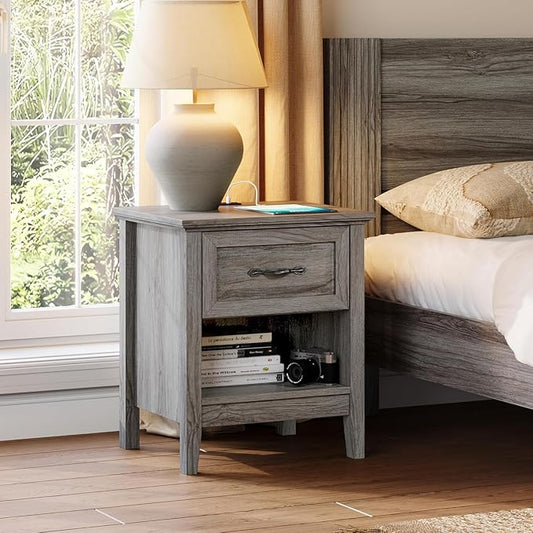 LINSY Night Stands Set of 2, 18.9" Farmhouse Wood Side Tables with Type-C Charging Station, Drawer & Open Storage Shelf – Perfect for Bedroom, Living Room, Sofa, or Office
