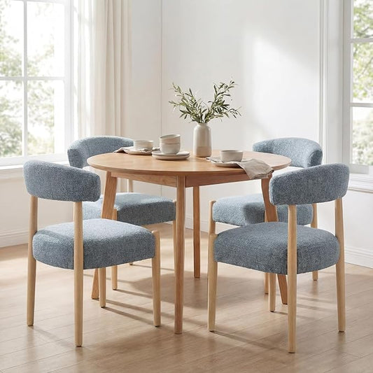VKNOW Wooden Dining Chairs Set of 4 with Curved Open Back, Blue | Natural Rubberwood Legs, Soft Chenille Fabric, Thickened Cushion, For Adults and Family, Dining Room, Kitchen, No Wobble