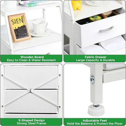 White Dresser for Bedroom, Storage Organizer with 5 Drawers, Vertical Fabric Storage Stand, Nightstand Bedside Table, Sturdy Steel Frame & Wooden Top