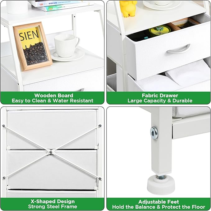 White Dresser for Bedroom, Storage Organizer with 4 Drawers, Vertical Fabric Storage Stand, Nightstand Bedside Table, Sturdy Steel Frame & Wooden Top