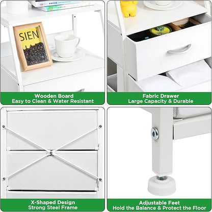 White Dresser for Bedroom, Storage Organizer with 4 Drawers, Vertical Fabric Storage Stand, Nightstand Bedside Table, Sturdy Steel Frame & Wooden Top