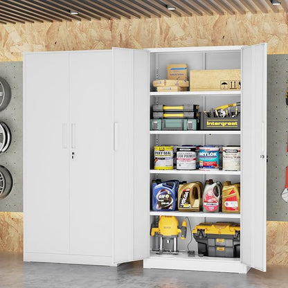 Bonusall 72" Metal Garage Storage Cabinet, 2 Locking Doors & 4 Adjustable Shelves Tall Storage, Heavy Duty Steel Tool Cabinet for Home, Office, Warehouse, School - White