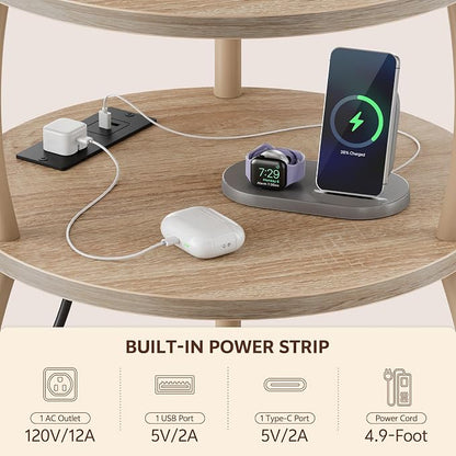 Round Side Table with Charging Station, USB Type C Port, Oak | End Table with Power Outlet,15.75 in Small Round Table with Basket, Space Saving, 3-Tier Small Table for Bedside, Sofa