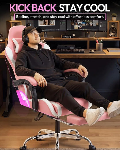 Dowinx Ergonomic Gaming Chair with Footrest & Massage Lumbar, 2D-Linkage Armrests for Computer Chair 330lbs with Headrest Pillow for Office, Home, Streaming and Long Gaming Sessions, Fabric Pink White