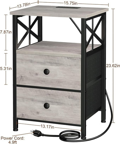 AMHANCIBLE Nightstands Set of 2, Night Stand with Charging Station, Small Bedside Table with 2 Fabric Drawers, End Tables Living Room with USB C Ports for Bedroom, Greige HET05XGY