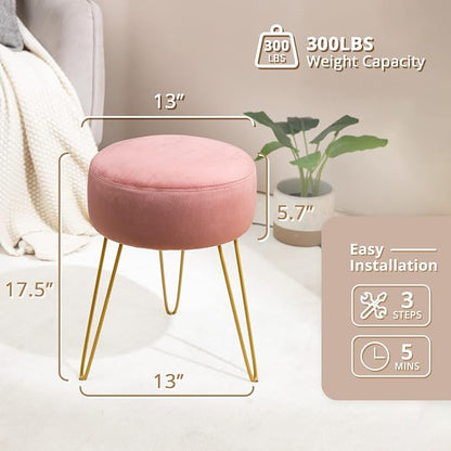 LUE BONA Vanity Stool, Pink Vanity Stools for Makeup Room, Round Ottoman Foot Stool, Velvet Footrest Vanity Chair for Bathroom Vanity, Bedroom, Living Room, Entryway, Offices, 300lbs