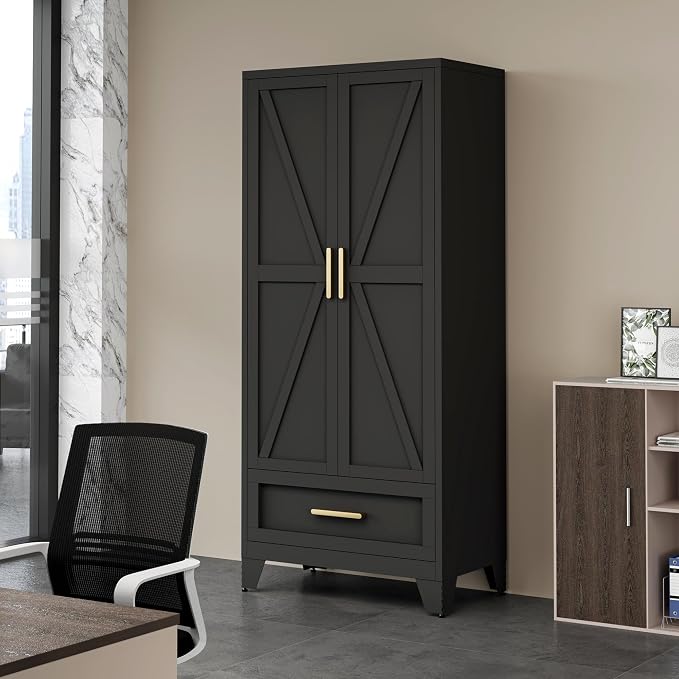 QINPTWUT 71" Tall Metal Wardrobe with Doors, Hanging Rod & Adjustable Shelf, Freestanding Steel Armoire for Bedroom Home Office, 1-Drawer Black